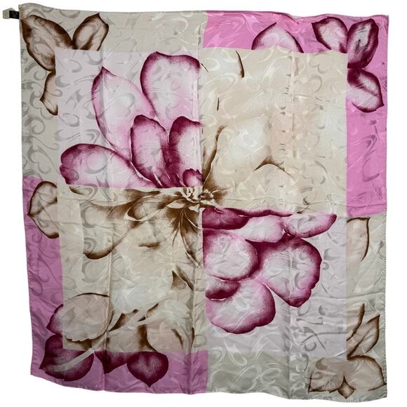 Y2K Italian 100% silk jacquard floral color block square scarf pink tan 34" - Picture 1 of 8